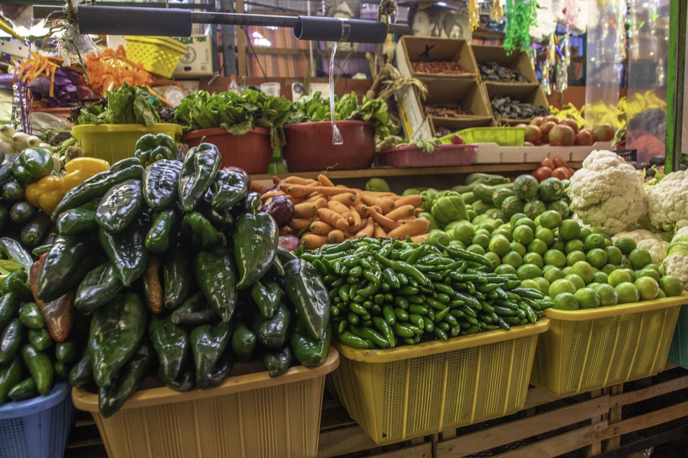 Green chillies in a market basket
