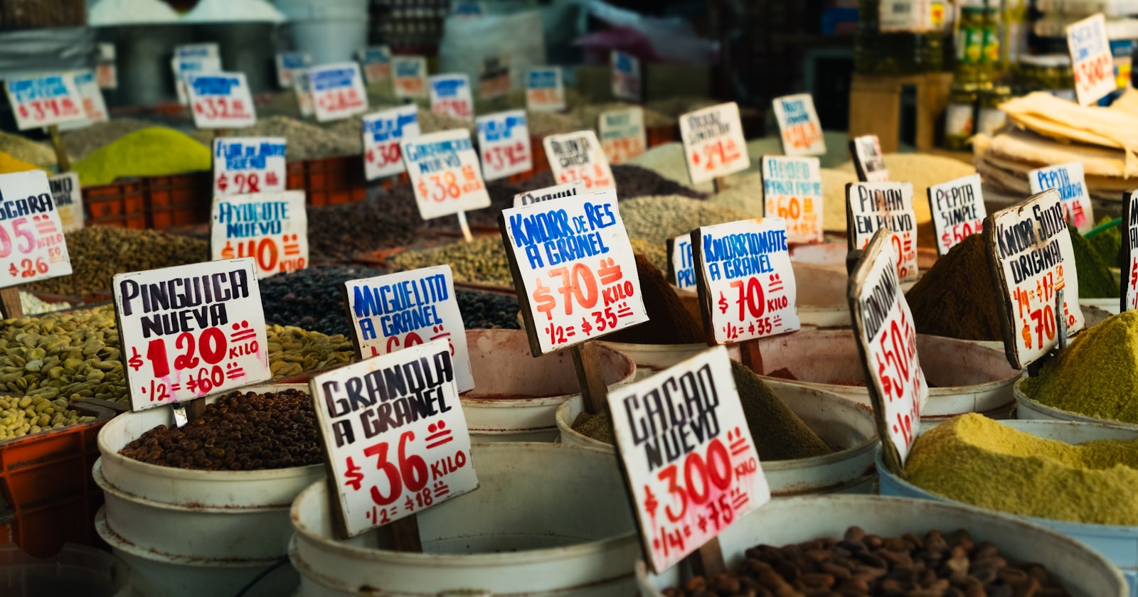 Spices and grains on a market stall