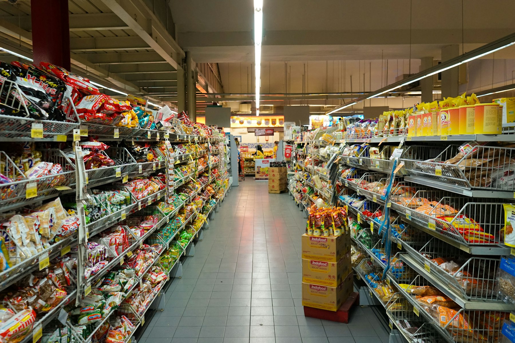 Wide view down a grocery aisle